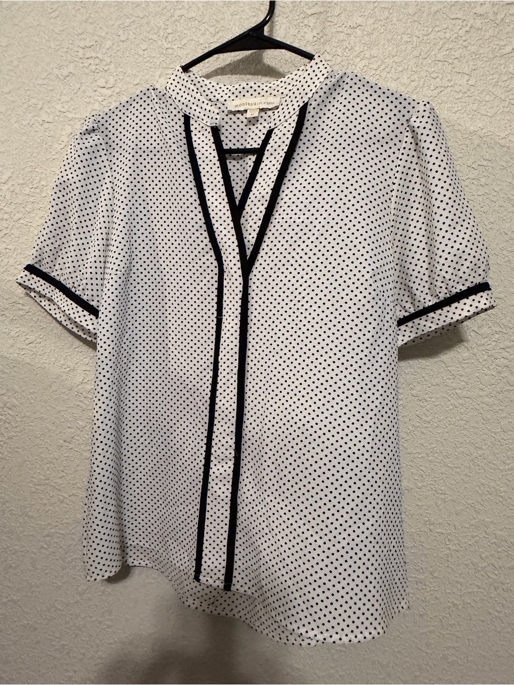 Monteau White Polka Dot Blouse with Black Trim